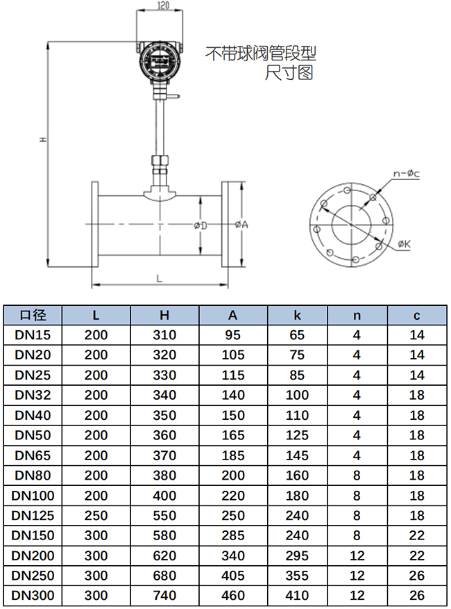 帶卡套球閥熱式氣體質(zhì)量流量計尺寸圖